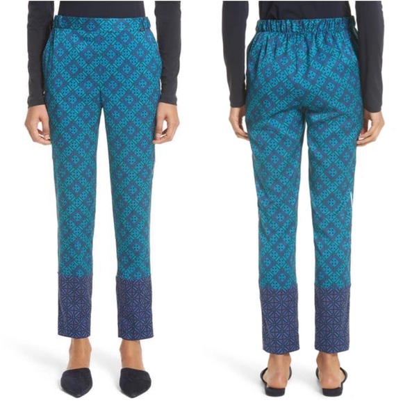 St. John Ratan Print Stretch Silk Twill Pants in Azurite Blue Multi